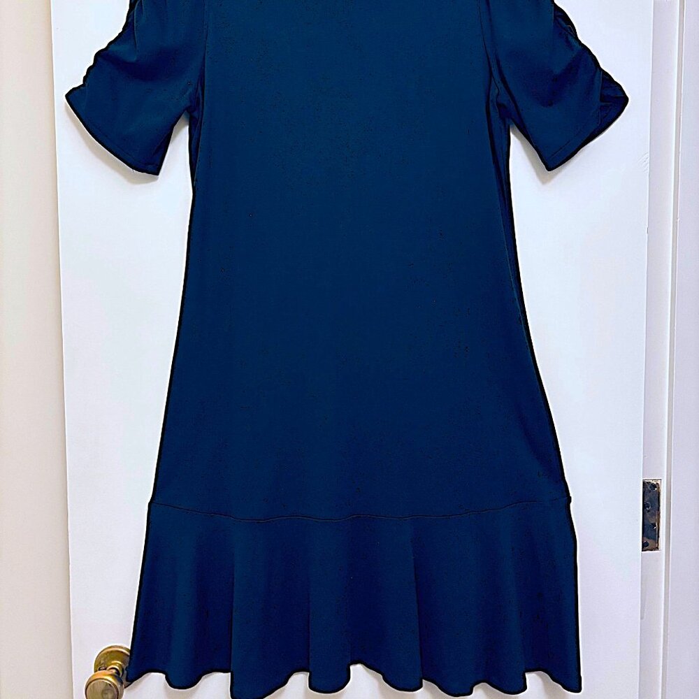 Ann Taylor Factory pullover Navy Blue stretch dress with flounce  Size Large